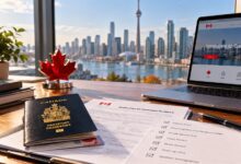 Canadian Immigration Workspace with City Skyline 1