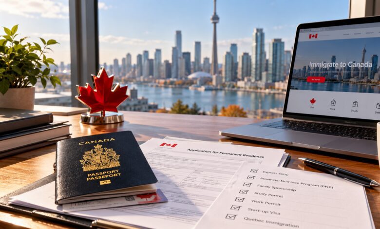 الهجرة إلى كندا 2026: الدليل الشامل للشروط والبرامج المتاحة والمسار الفرنكوفوني 1 Canadian Immigration Workspace with City Skyline 1